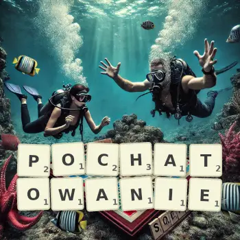 Kreatywna ilustracja do gry w Scrabble ze słowem POCHATOWANIE ułożonym z płytek na planszy.