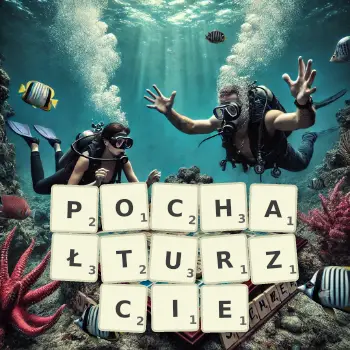 Kreatywna ilustracja do gry w Scrabble ze słowem POCHAŁTURZCIE ułożonym z płytek na planszy.