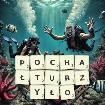Kreatywna ilustracja do gry w Scrabble ze słowem POCHAŁTURZYŁO ułożonym z płytek na planszy.