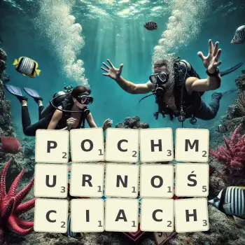 Kreatywna ilustracja do gry w Scrabble ze słowem POCHMURNOŚCIACH ułożonym z płytek na planszy.
