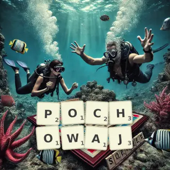 Kreatywna ilustracja do gry w Scrabble ze słowem POCHOWAJ ułożonym z płytek na planszy.