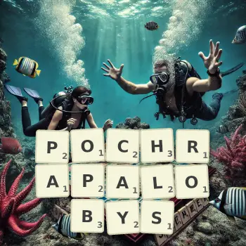 Kreatywna ilustracja do gry w Scrabble ze słowem POCHRAPALOBYS ułożonym z płytek na planszy.