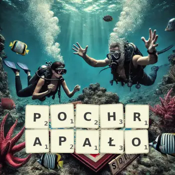 Kreatywna ilustracja do gry w Scrabble ze słowem POCHRAPAŁO ułożonym z płytek na planszy.