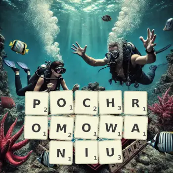 Kreatywna ilustracja do gry w Scrabble ze słowem POCHROMOWANIU ułożonym z płytek na planszy.