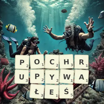 Kreatywna ilustracja do gry w Scrabble ze słowem POCHRUPYWAŁEŚ ułożonym z płytek na planszy.