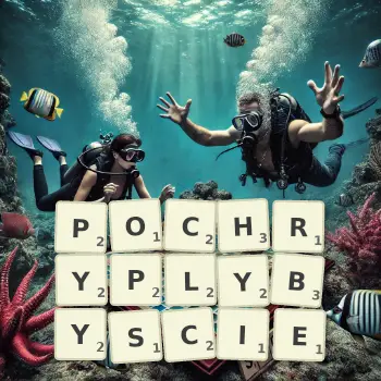 Kreatywna ilustracja do gry w Scrabble ze słowem POCHRYPLYBYSCIE ułożonym z płytek na planszy.