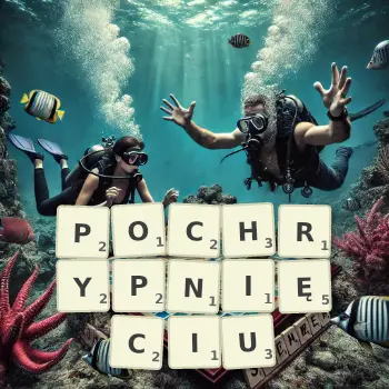 Kreatywna ilustracja do gry w Scrabble ze słowem POCHRYPNIĘCIU ułożonym z płytek na planszy.
