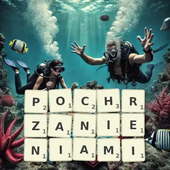 Kreatywna ilustracja do gry w Scrabble ze słowem POCHRZANIENIAMI ułożonym z płytek na planszy.