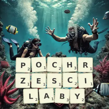 Kreatywna ilustracja do gry w Scrabble ze słowem POCHRZESCILABY ułożonym z płytek na planszy.