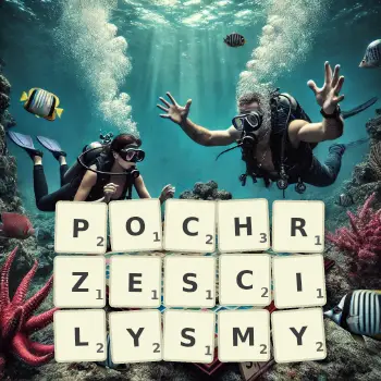 Kreatywna ilustracja do gry w Scrabble ze słowem POCHRZESCILYSMY ułożonym z płytek na planszy.