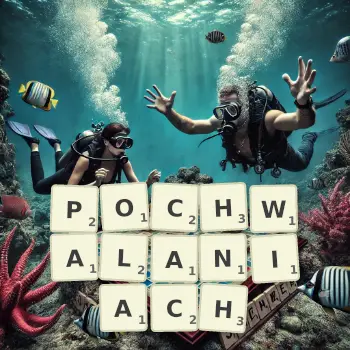 Kreatywna ilustracja do gry w Scrabble ze słowem POCHWALANIACH ułożonym z płytek na planszy.
