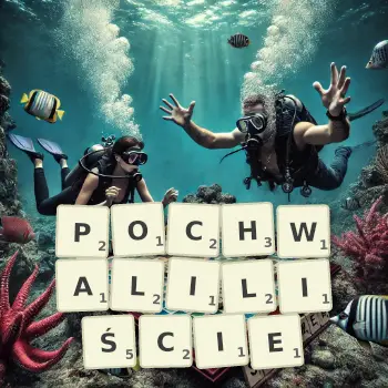 Kreatywna ilustracja do gry w Scrabble ze słowem POCHWALILIŚCIE ułożonym z płytek na planszy.