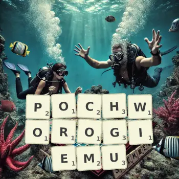 Kreatywna ilustracja do gry w Scrabble ze słowem POCHWOROGIEMU ułożonym z płytek na planszy.