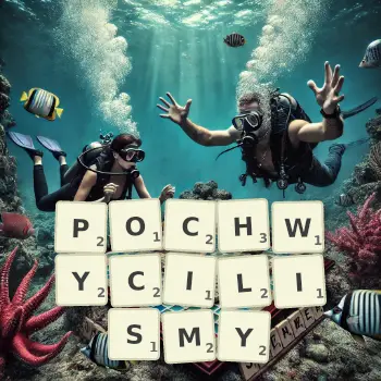 Kreatywna ilustracja do gry w Scrabble ze słowem POCHWYCILISMY ułożonym z płytek na planszy.