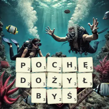 Kreatywna ilustracja do gry w Scrabble ze słowem POCHĘDOŻYŁBYŚ ułożonym z płytek na planszy.