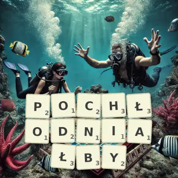 Kreatywna ilustracja do gry w Scrabble ze słowem POCHŁODNIAŁBY ułożonym z płytek na planszy.