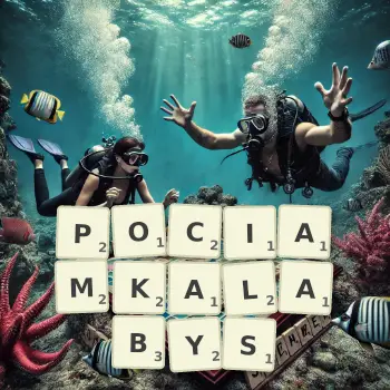 Kreatywna ilustracja do gry w Scrabble ze słowem POCIAMKALABYS ułożonym z płytek na planszy.