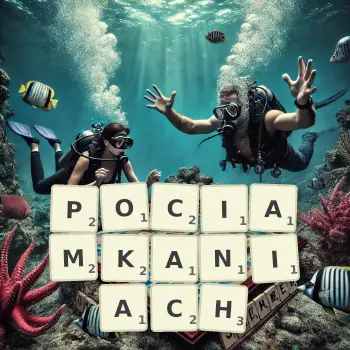 Kreatywna ilustracja do gry w Scrabble ze słowem POCIAMKANIACH ułożonym z płytek na planszy.