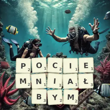 Kreatywna ilustracja do gry w Scrabble ze słowem POCIEMNIAŁBYM ułożonym z płytek na planszy.