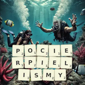 Kreatywna ilustracja do gry w Scrabble ze słowem POCIERPIELISMY ułożonym z płytek na planszy.