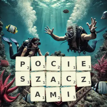 Kreatywna ilustracja do gry w Scrabble ze słowem POCIESZACZAMI ułożonym z płytek na planszy.