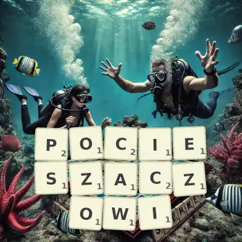 Kreatywna ilustracja do gry w Scrabble ze słowem POCIESZACZOWI ułożonym z płytek na planszy.