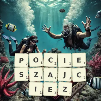 Kreatywna ilustracja do gry w Scrabble ze słowem POCIESZAJCIEZ ułożonym z płytek na planszy.