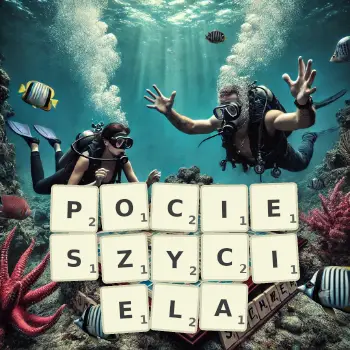Kreatywna ilustracja do gry w Scrabble ze słowem POCIESZYCIELA ułożonym z płytek na planszy.