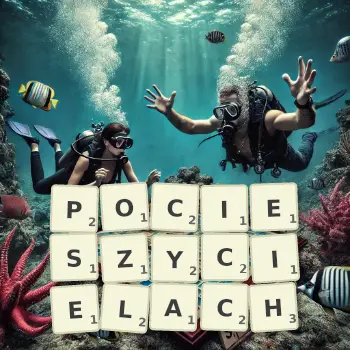 Kreatywna ilustracja do gry w Scrabble ze słowem POCIESZYCIELACH ułożonym z płytek na planszy.