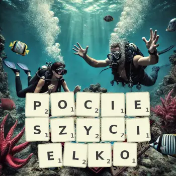 Kreatywna ilustracja do gry w Scrabble ze słowem POCIESZYCIELKO ułożonym z płytek na planszy.