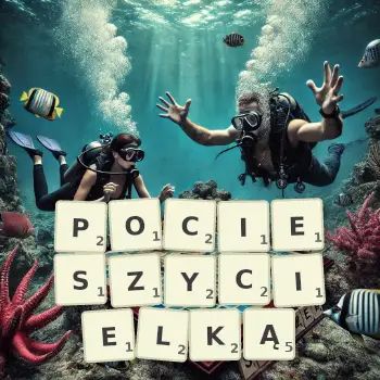 Kreatywna ilustracja do gry w Scrabble ze słowem POCIESZYCIELKĄ ułożonym z płytek na planszy.