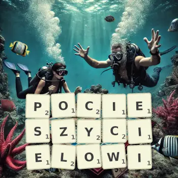 Kreatywna ilustracja do gry w Scrabble ze słowem POCIESZYCIELOWI ułożonym z płytek na planszy.