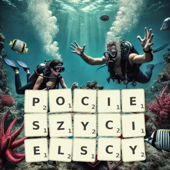 Kreatywna ilustracja do gry w Scrabble ze słowem POCIESZYCIELSCY ułożonym z płytek na planszy.
