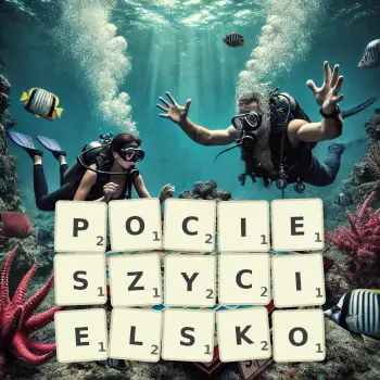 Kreatywna ilustracja do gry w Scrabble ze słowem POCIESZYCIELSKO ułożonym z płytek na planszy.