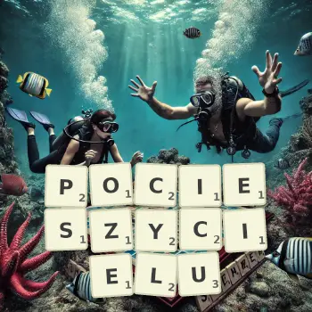 Kreatywna ilustracja do gry w Scrabble ze słowem POCIESZYCIELU ułożonym z płytek na planszy.