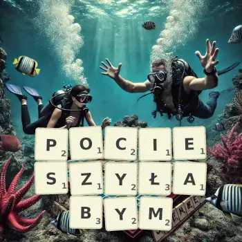 Kreatywna ilustracja do gry w Scrabble ze słowem POCIESZYŁABYM ułożonym z płytek na planszy.