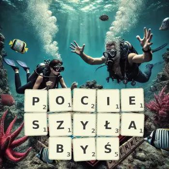 Kreatywna ilustracja do gry w Scrabble ze słowem POCIESZYŁABYŚ ułożonym z płytek na planszy.