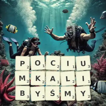 Kreatywna ilustracja do gry w Scrabble ze słowem POCIUMKALIBYŚMY ułożonym z płytek na planszy.
