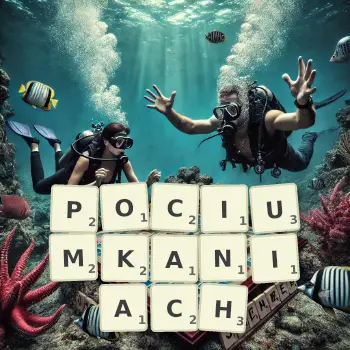 Kreatywna ilustracja do gry w Scrabble ze słowem POCIUMKANIACH ułożonym z płytek na planszy.