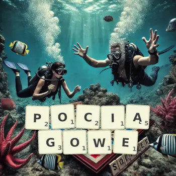 Kreatywna ilustracja do gry w Scrabble ze słowem POCIĄGOWE ułożonym z płytek na planszy.