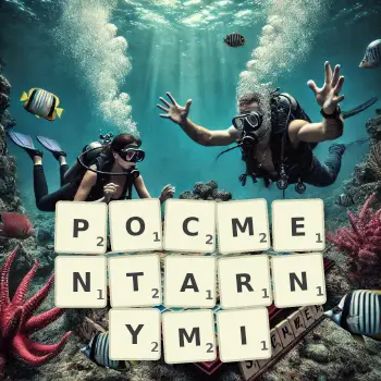 Kreatywna ilustracja do gry w Scrabble ze słowem POCMENTARNYMI ułożonym z płytek na planszy.