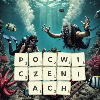 Kreatywna ilustracja do gry w Scrabble ze słowem POCWICZENIACH ułożonym z płytek na planszy.