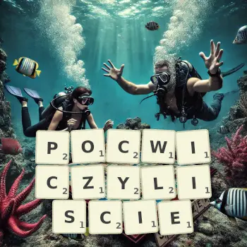 Kreatywna ilustracja do gry w Scrabble ze słowem POCWICZYLISCIE ułożonym z płytek na planszy.