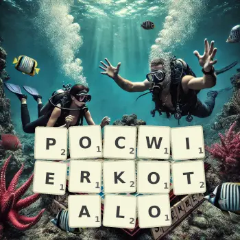 Kreatywna ilustracja do gry w Scrabble ze słowem POCWIERKOTALO ułożonym z płytek na planszy.
