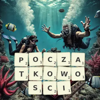 Kreatywna ilustracja do gry w Scrabble ze słowem POCZATKOWOSCI ułożonym z płytek na planszy.