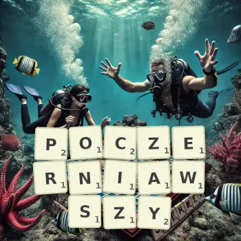 Kreatywna ilustracja do gry w Scrabble ze słowem POCZERNIAWSZY ułożonym z płytek na planszy.