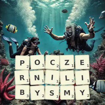 Kreatywna ilustracja do gry w Scrabble ze słowem POCZERNILIBYSMY ułożonym z płytek na planszy.