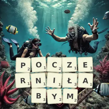 Kreatywna ilustracja do gry w Scrabble ze słowem POCZERNIŁABYM ułożonym z płytek na planszy.