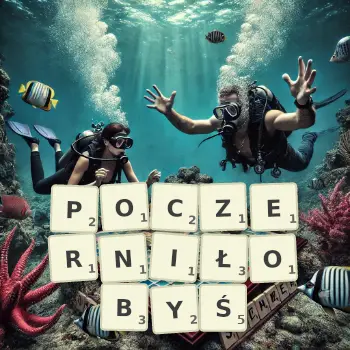 Kreatywna ilustracja do gry w Scrabble ze słowem POCZERNIŁOBYŚ ułożonym z płytek na planszy.