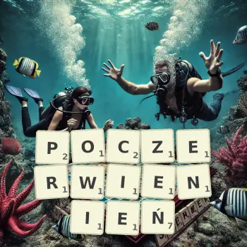Kreatywna ilustracja do gry w Scrabble ze słowem POCZERWIENIEŃ ułożonym z płytek na planszy.